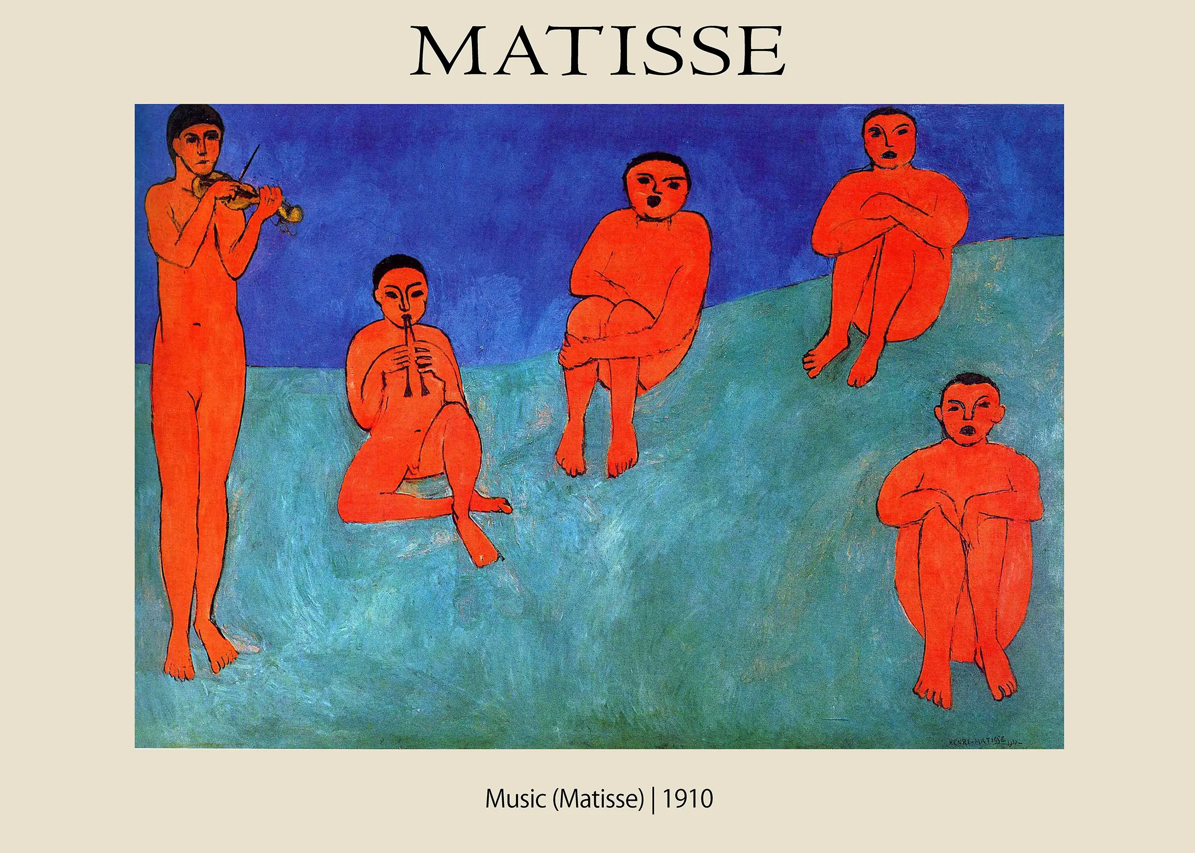 Matisse Music Print - 1910 Fauvism La Musique Vintage Art Poster Matisse Music Print Depicting Five Vermilion Red Figures Against A Blue Background And Green Hill From The 1910 Painting.