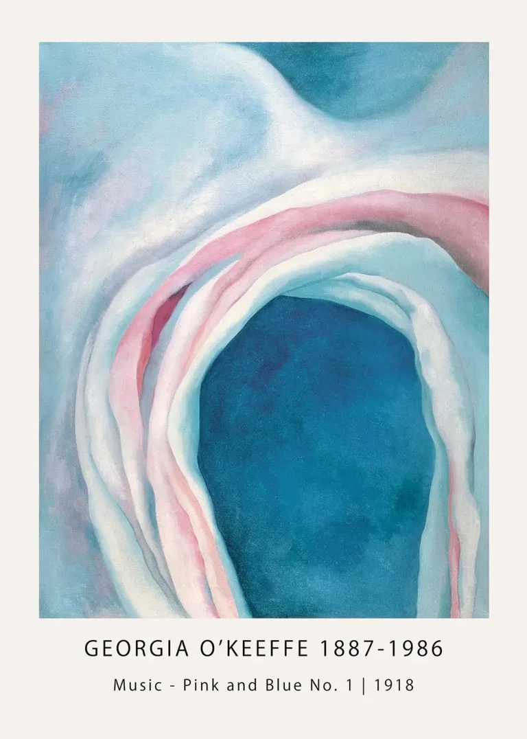 Georgia O'Keeffe print featuring abstract pink and blue flowing curves and organic shapes from the 1918 painting.