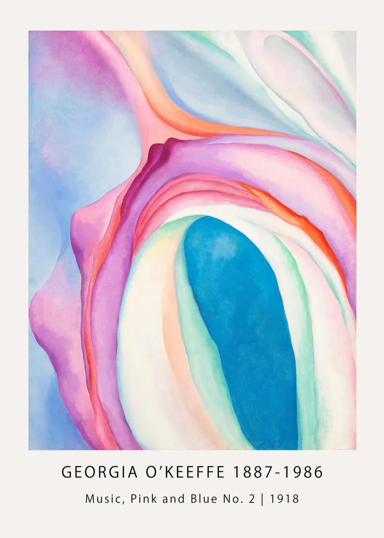 Georgia O'Keeffe Print featuring Music Pink and Blue No 2 with abstract organic curves in pink, blue, and soft orange hues.