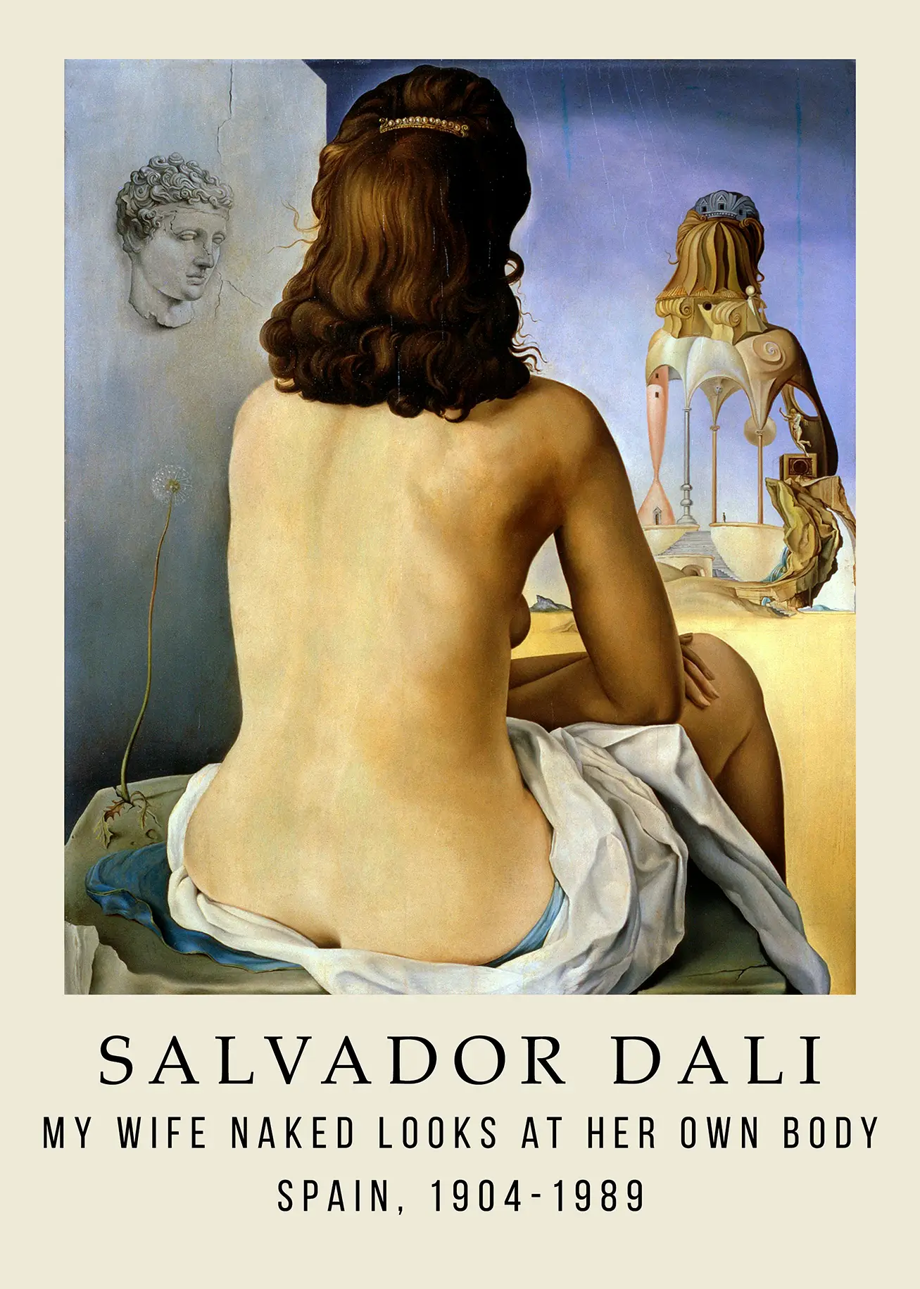 Authentic Salvador Dali Poster - My Wife Naked Surrealist Wall Art Salvador Dali Poster Of My Wife Naked Looking At Her Own Body With Gala Dali Transforming Into Architectural Temple Columns.