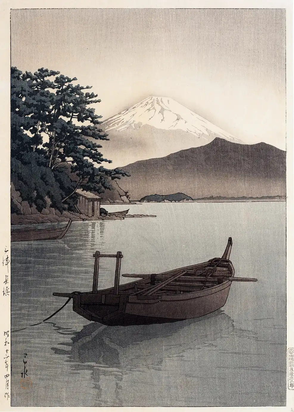 Classic Japanese Woodblock Print - Mito Nagahama 1937 Mt Fuji Wall Art Japanese Woodblock Print Of A Wooden Boat At Mito Nagahama With Mount Fuji In The Background, 1937 Shiro Kasamatsu Art.