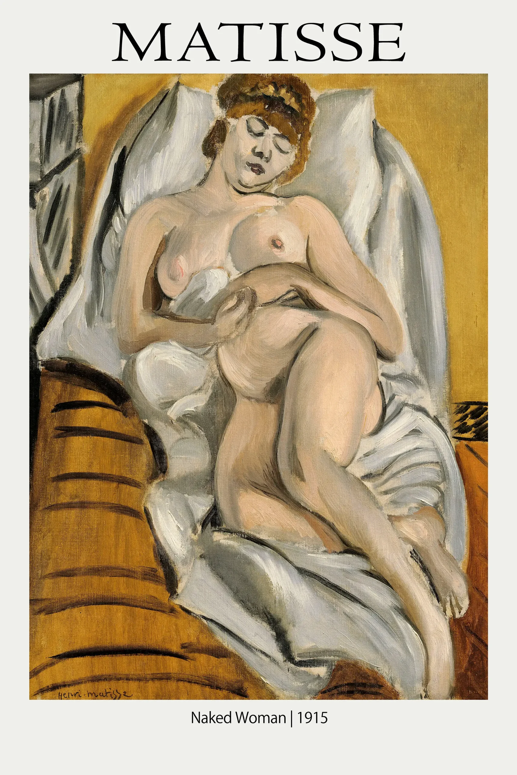 Classic Matisse Nude Print - 1915 French Fauvism Fine Art Poster Matisse Nude Print Featuring A Reclining Female Figure From 1915 With Ochre Background And White Linen Textures.