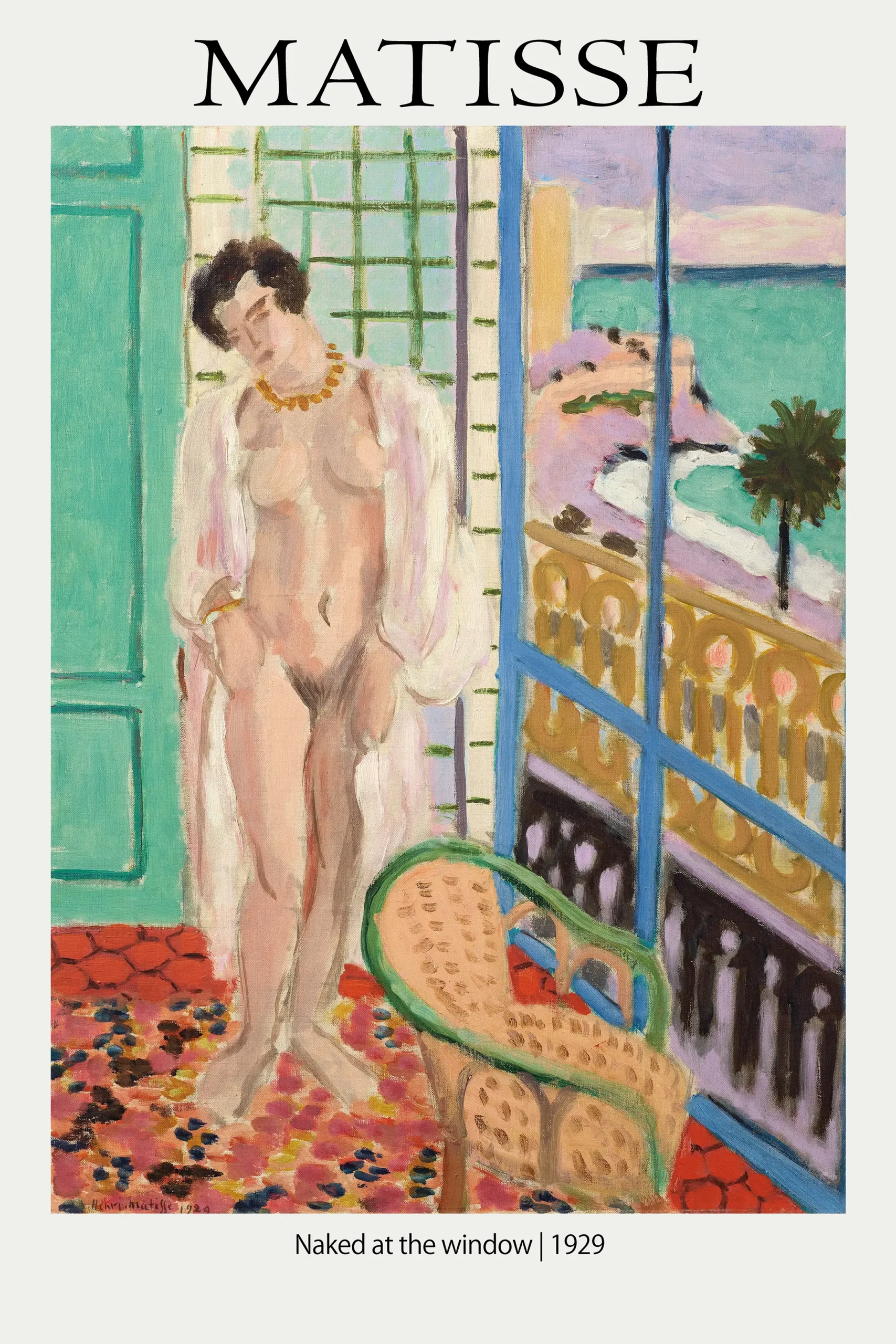 Henri Matisse print of Naked at the Window 1929 featuring a nude woman by a sunny balcony overlooking the sea.
