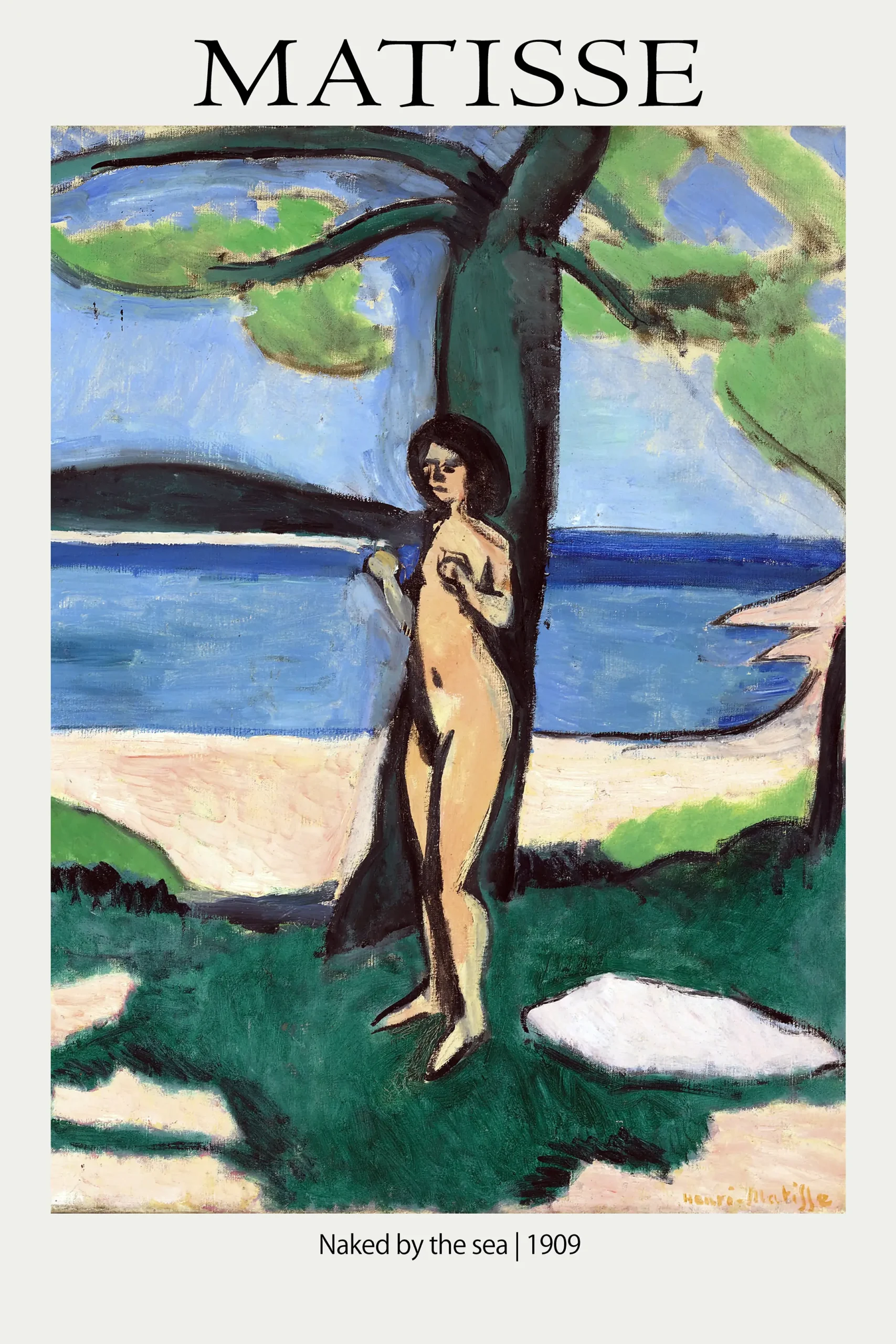 Matisse Sea Print - Naked By The Sea 1909 Fauvist Modern Fine Art Matisse Sea Print - 1909 Fauvist Painting Of A Nude Woman Standing By A Tree On A Beach With Blue Water And Green Grass.