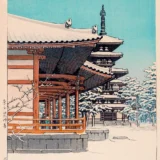 Nara Yakushiji Temple in Winter Snow, Japanese Woodblock Art Print