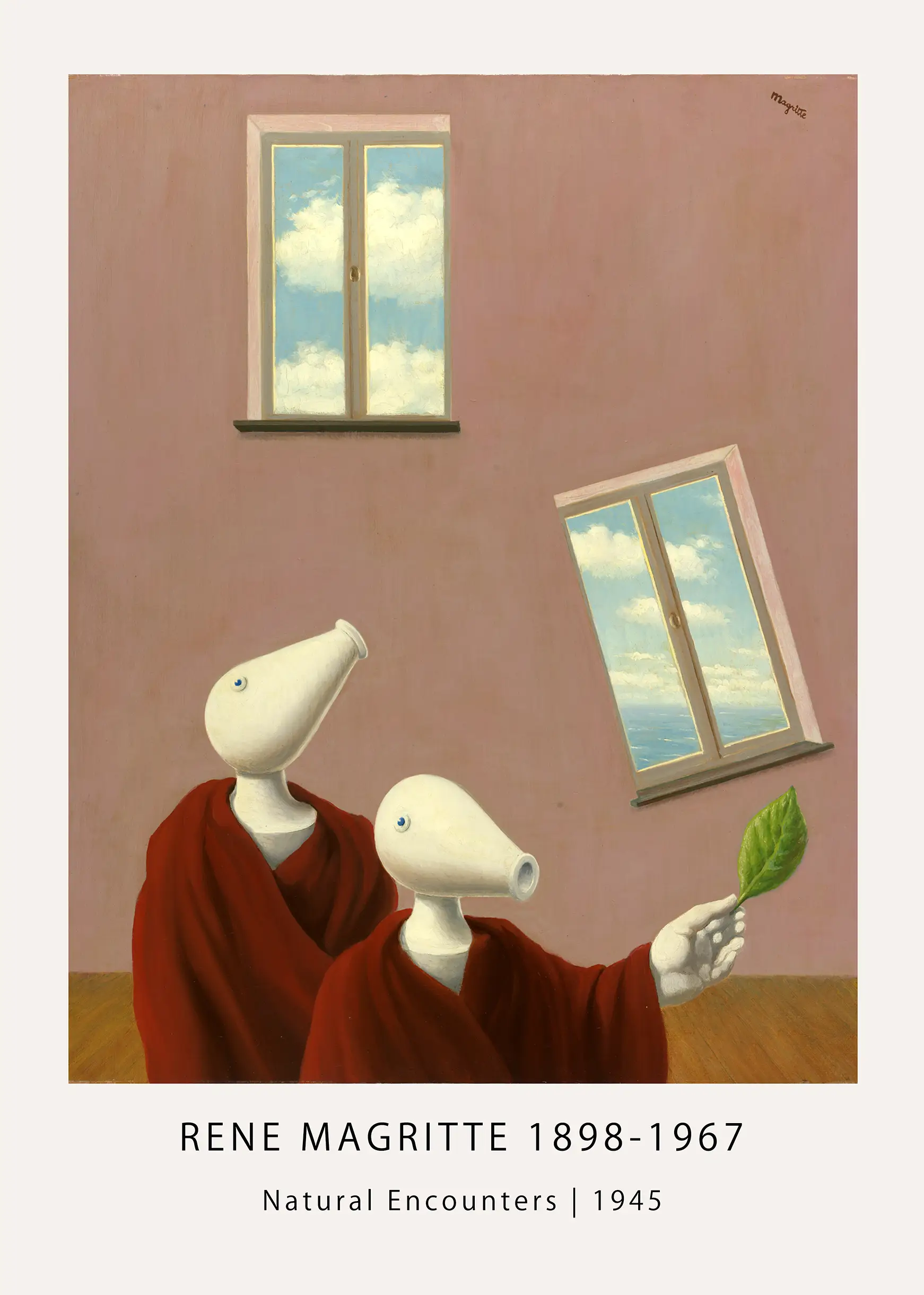 Exclusive Rene Magritte Print - Natural Encounters 1945 Surrealist Art Rene Magritte Print Of Natural Encounters 1945 Showing Two Bird-Headed Figures In Red Robes With Floating Windows.