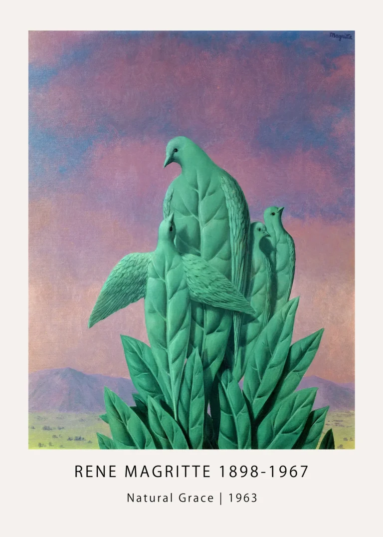 Natural Grace — natural Grace print with green bird-leaves set against a purple sky and