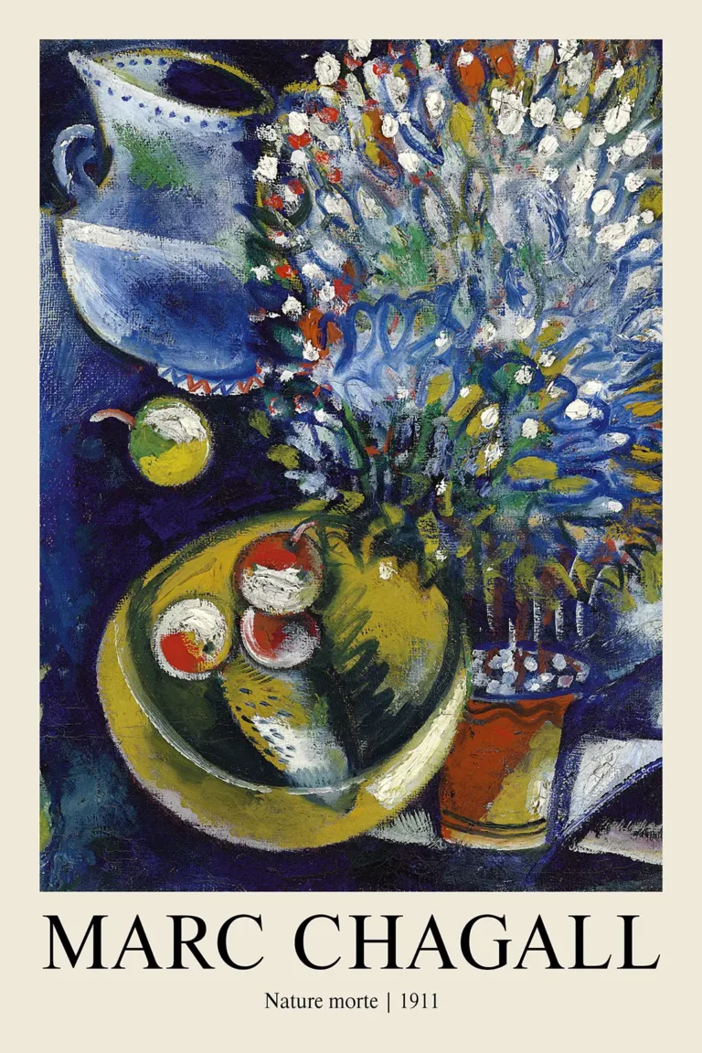Marc Chagall Nature Morte — vibrant 1911 still life by Marc Chagall featuring a blue pitcher, a