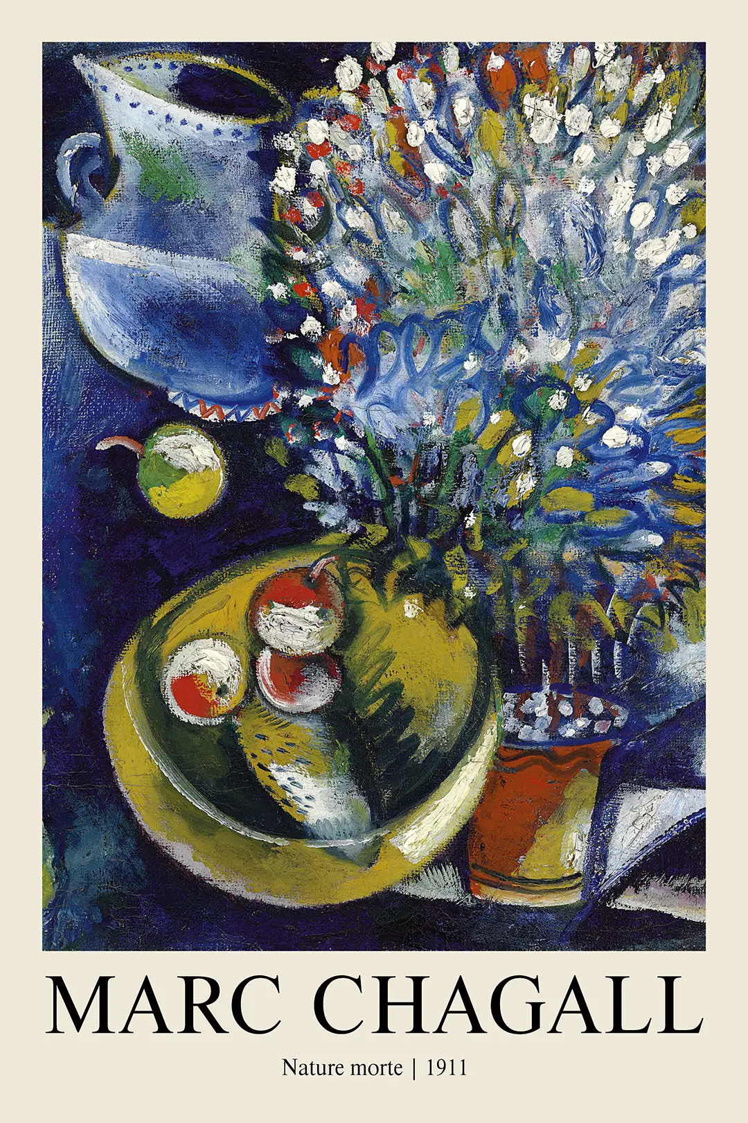 Classic Marc Chagall Art Print - 1911 Nature Morte Still Life Poster Marc Chagall Art Print Showing 1911 Nature Morte With Blue Pitcher, Bouquet Of Flowers, And Fruit In A Yellow Bowl.