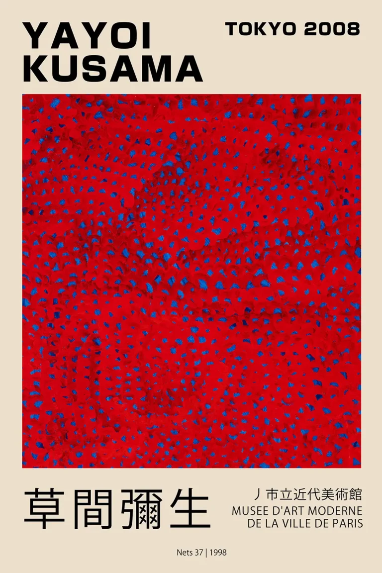 Yayoi Kusama Nets 37 — dense red lattice pattern layered over a deep blue background, inspired
