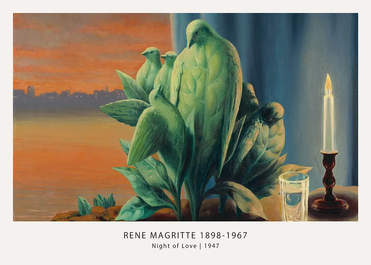 Classic Rene Magritte Print - Night Of Love 1947 Surrealist Wall Art Rene Magritte Print Of Night Of Love 1947 Featuring Leaf Birds By A Window With A Lit Candle And Orange Sunset Sky.