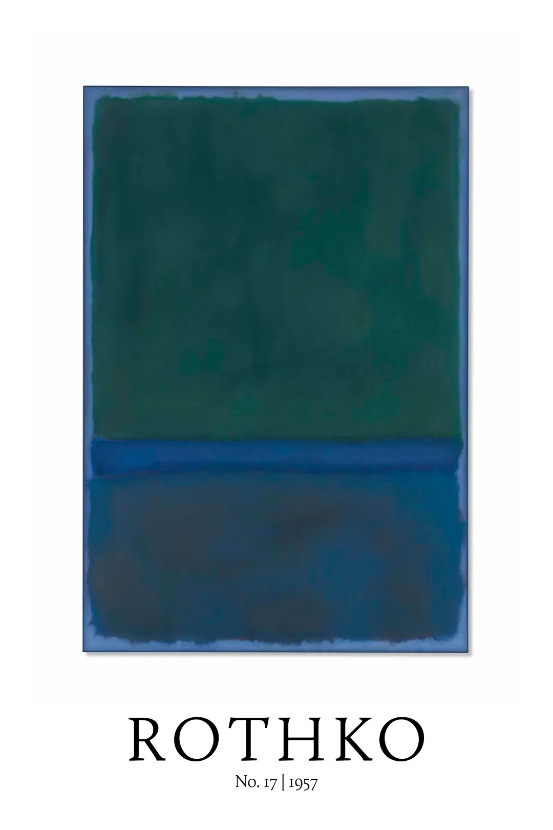 Exclusive Rothko No 17 Print - 1957 Abstract Expressionist Wall Art Rothko No 17 Print Featuring Dark Green And Blue Abstract Color Fields With 1957 Exhibition Typography Below.