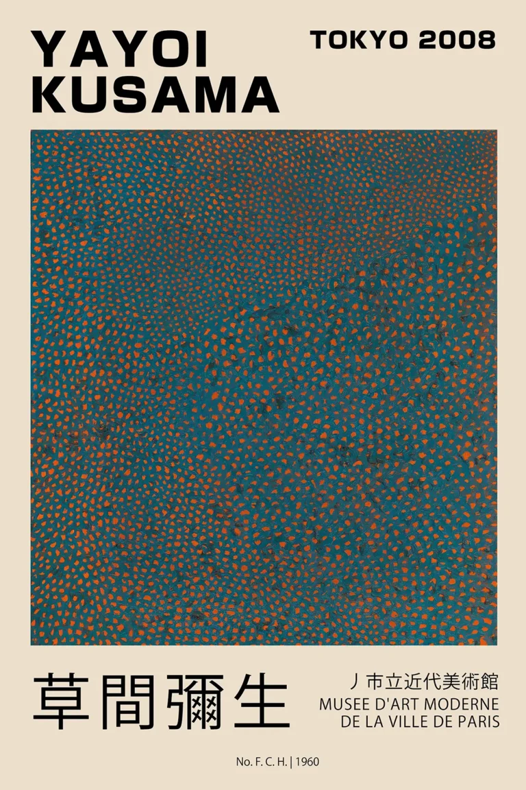 Yayoi Kusama Tokyo — this exhibition poster features a vibrant orange and teal cellular