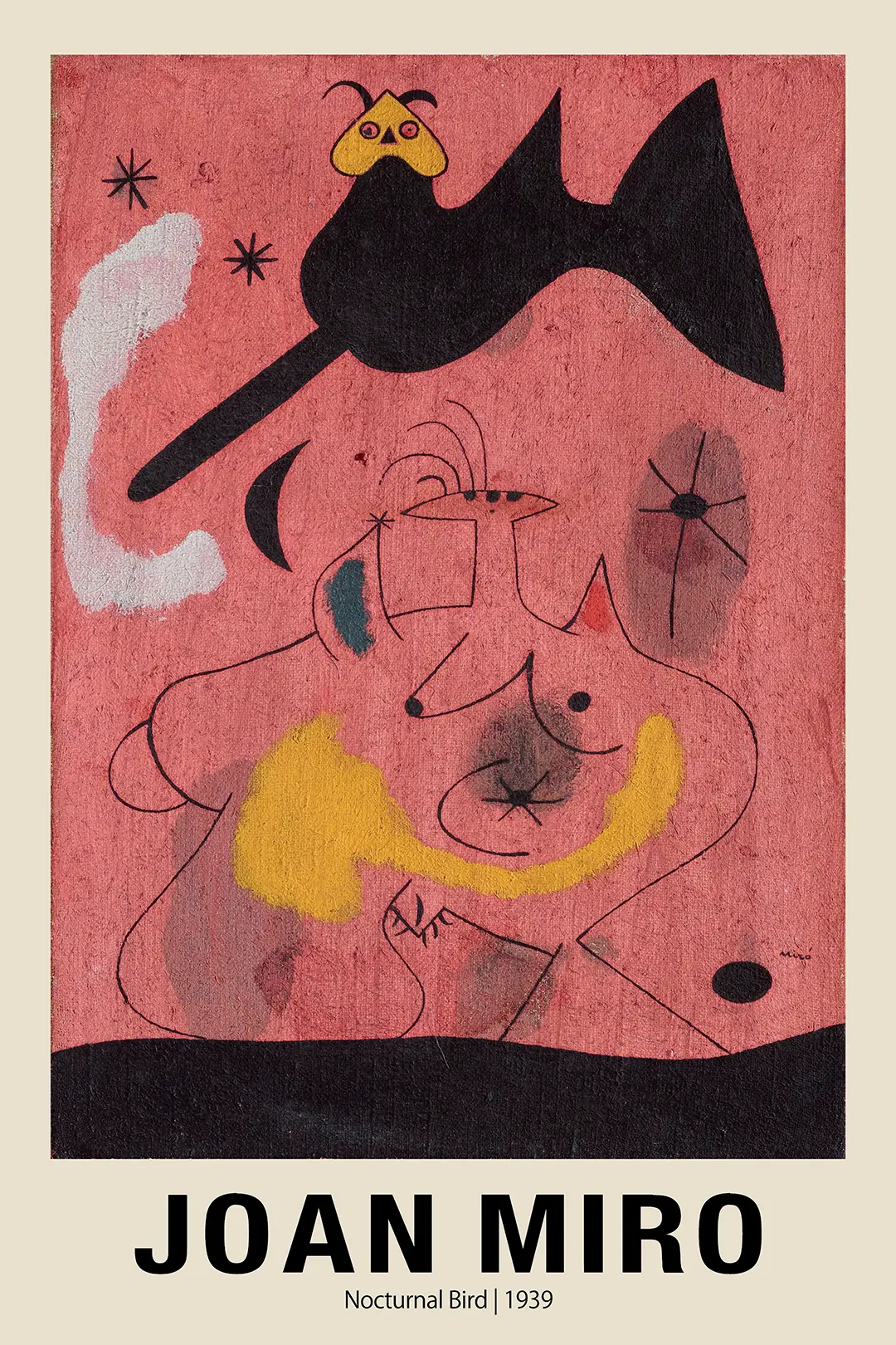 Joan Miro poster showing Nocturnal Bird 1939 with a black bird and yellow shapes on a textured red background.