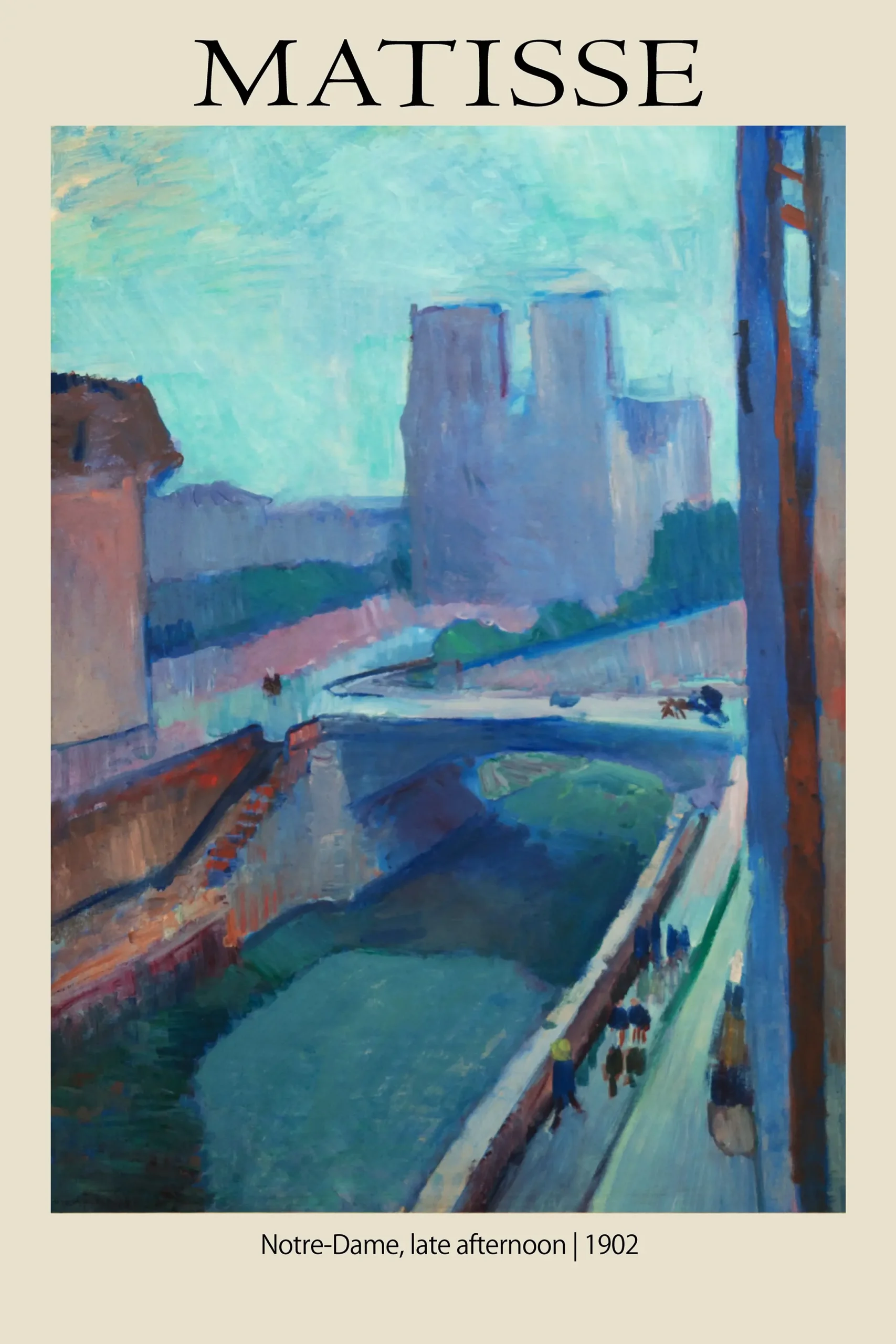 Classic Matisse Notre Dame Print - 1902 Fauvist Paris Exhibition Poster Matisse Notre Dame Print Showing The Paris Cathedral In Blue And Violet Oil Paint From An Elevated Studio Perspective.