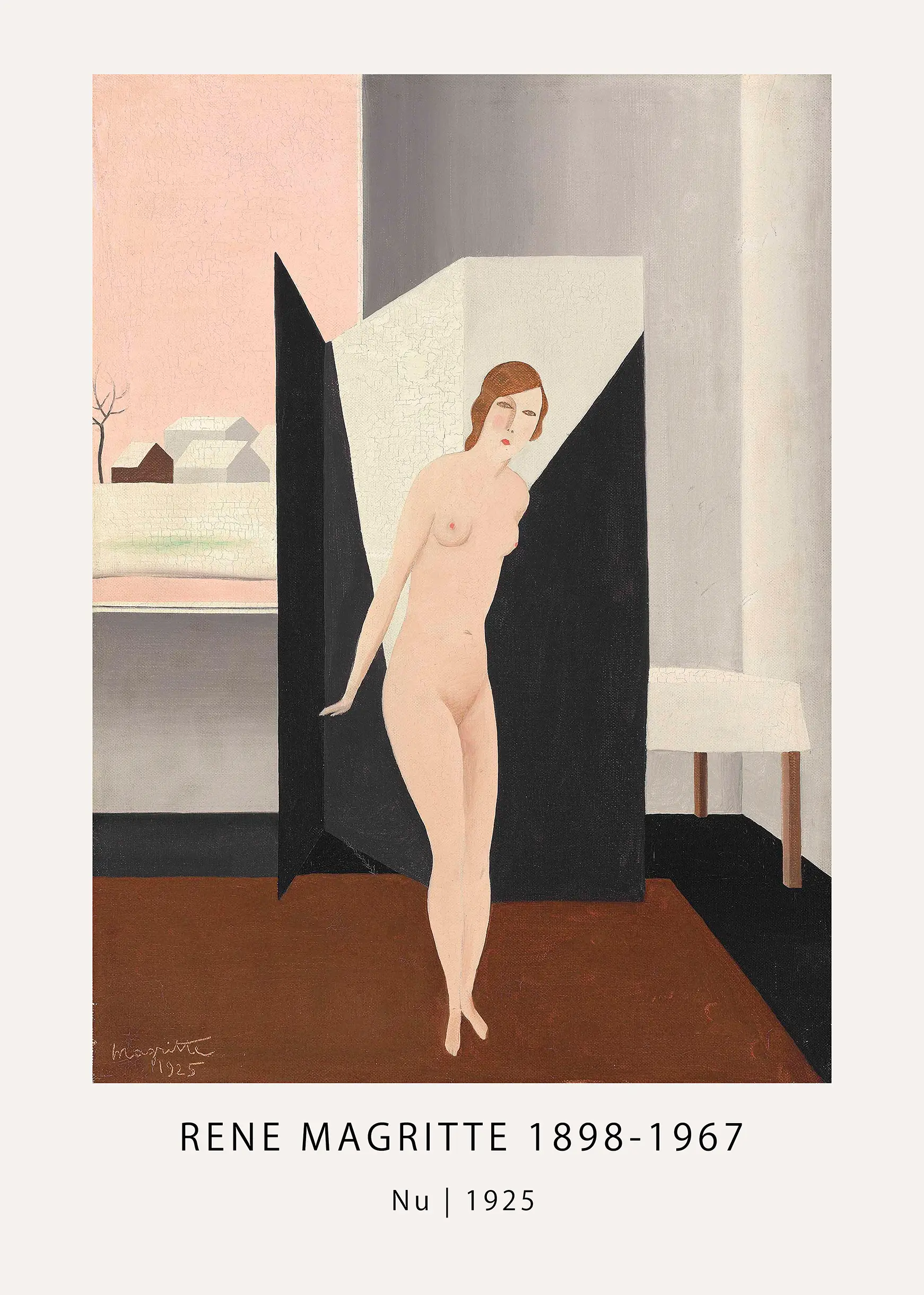Exclusive Rene Magritte Nu Poster - 1925 Surrealist Art Print Rene Magritte Nu Poster Depicting A Nude Woman Standing Before A Geometric Screen In A 1925 Surrealist Architectural Room.
