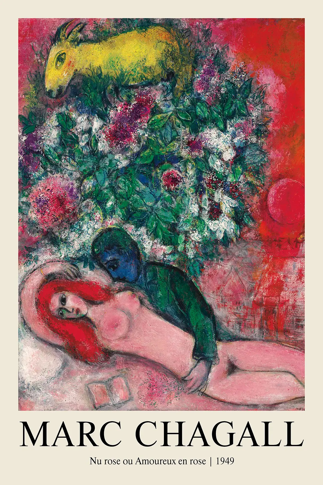 Marc Chagall Print - Nu Rose Ou Amoureux En Rose 1949 Art Poster Marc Chagall Print Depicting A Reclining Nude Woman With Red Hair And A Blue Man Amidst Flowers And A Yellow Goat.