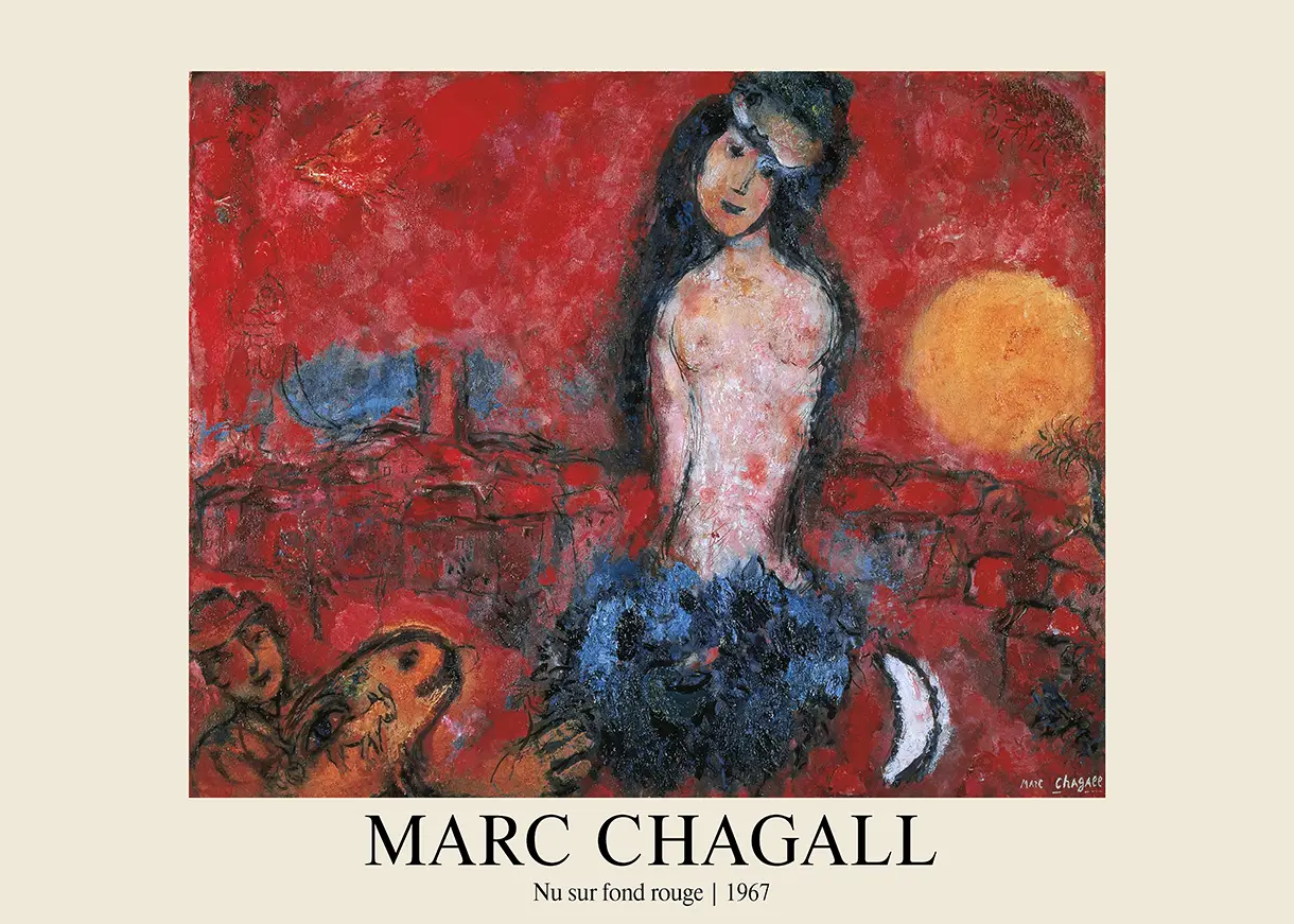 Classic Marc Chagall Art Print - Nu Sur Fond Rouge 1967 Wall Decor Marc Chagall Art Print Showing Nu Sur Fond Rouge 1967 With A Nude Female Figure Against A Vibrant Red Background.