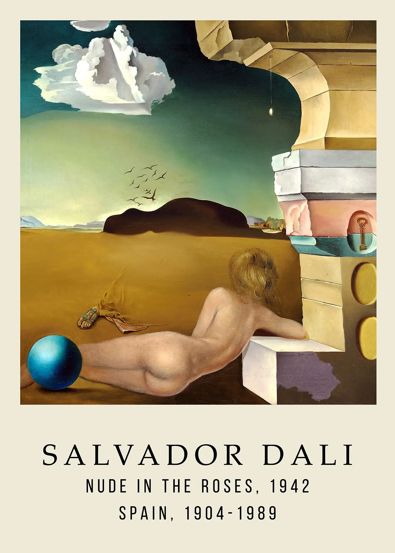 Authentic Salvador Dali Poster - Nude In The Roses 1942 Surrealist Art Salvador Dali Poster Nude In The Roses 1942 Painting With Reclining Figure And Blue Sphere In Desert.