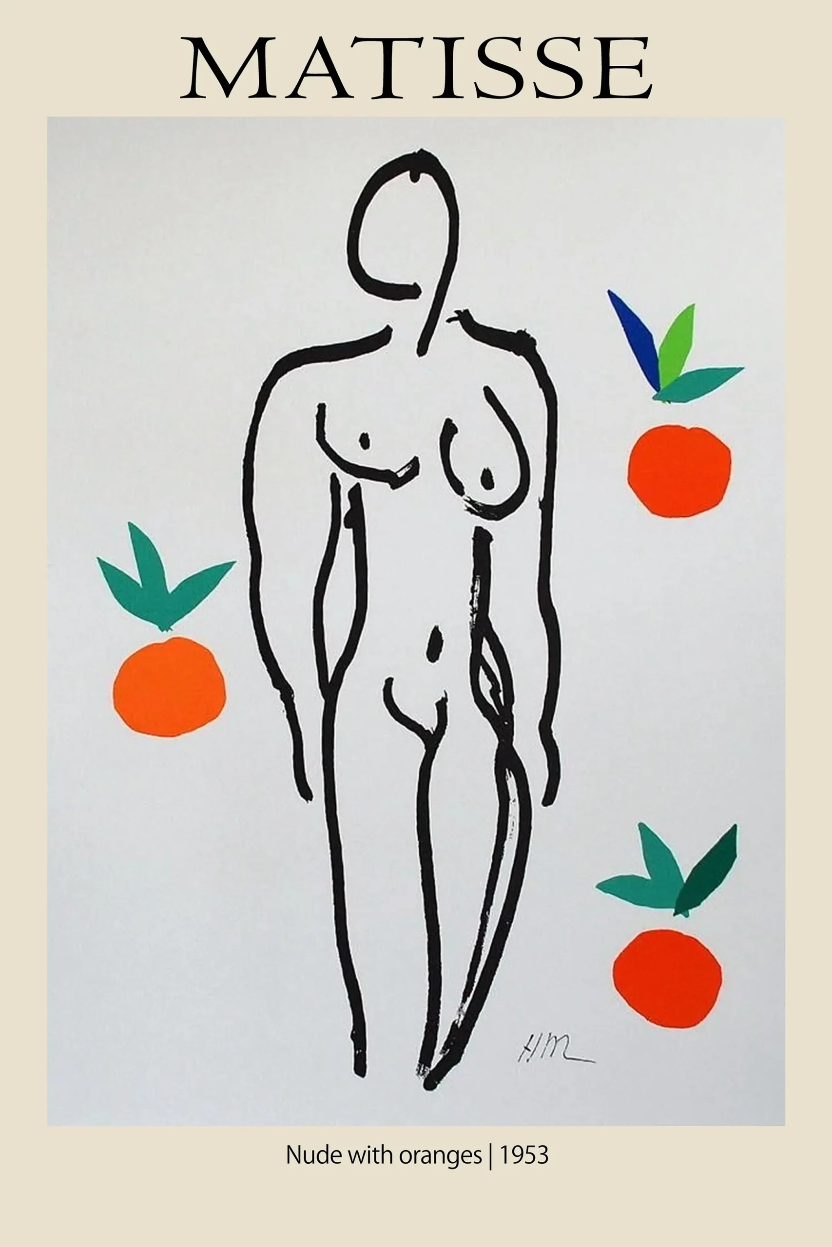 Matisse Nude Print - 1953 Nude With Oranges Minimalist Vintage Wall Art Matisse Nude Print Showing A Minimalist Black Ink Female Line Drawing With Three Oranges And Green Leaves On Cream Paper.