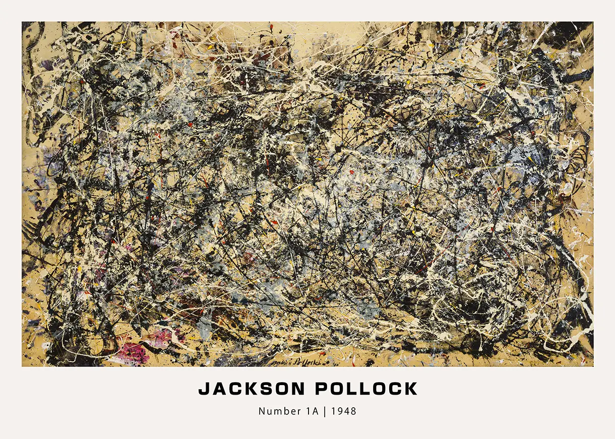 Classic Jackson Pollock Print: Number 1A 1948 Abstract Expressionist Art Jackson Pollock Print Of Number 1A 1948 Showing Complex Black And White Drip Painting Splatters On A Tan Background.
