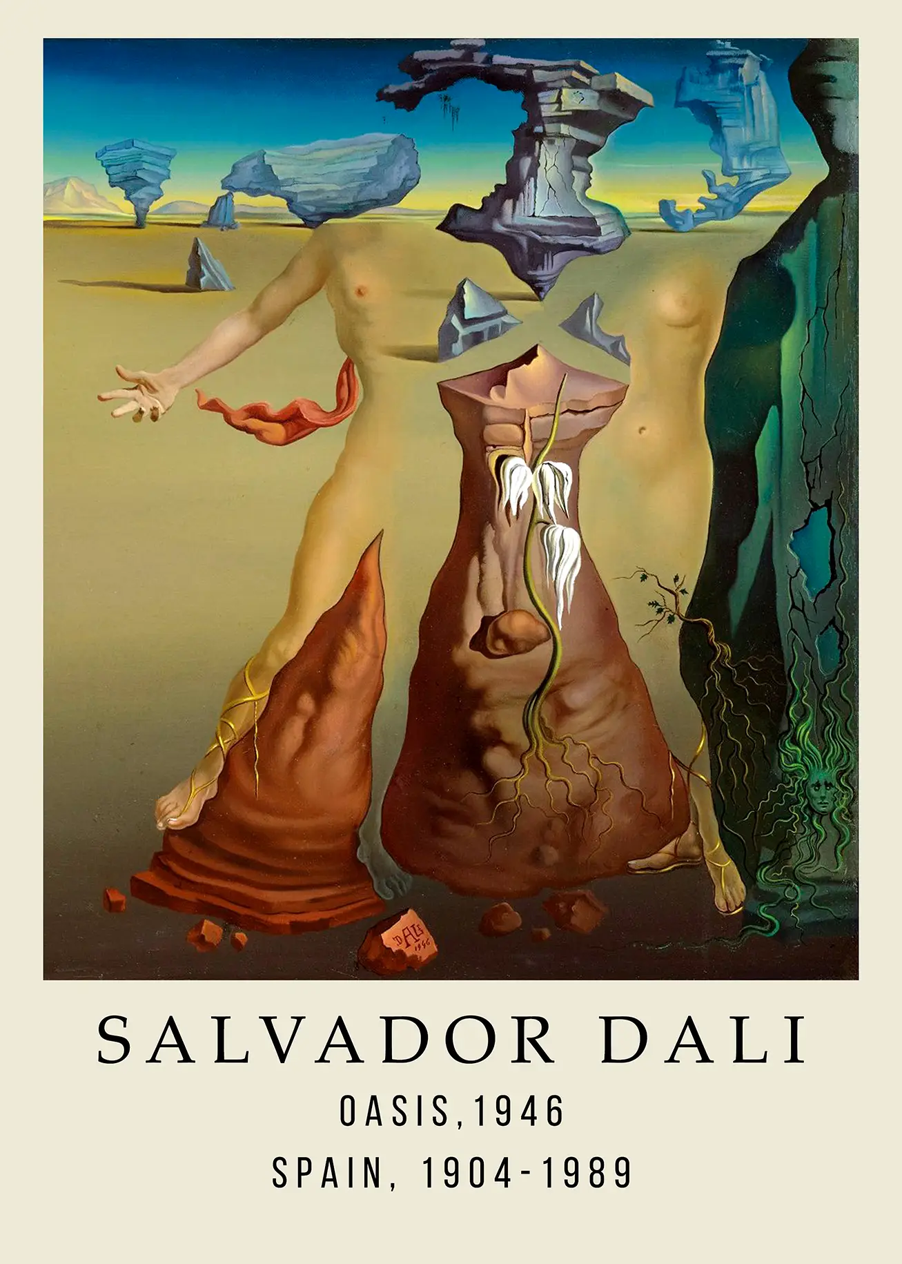 Salvador Dalí Oasis print showing headless female torsos and floating rocks in a 1946 surrealist desert vista.