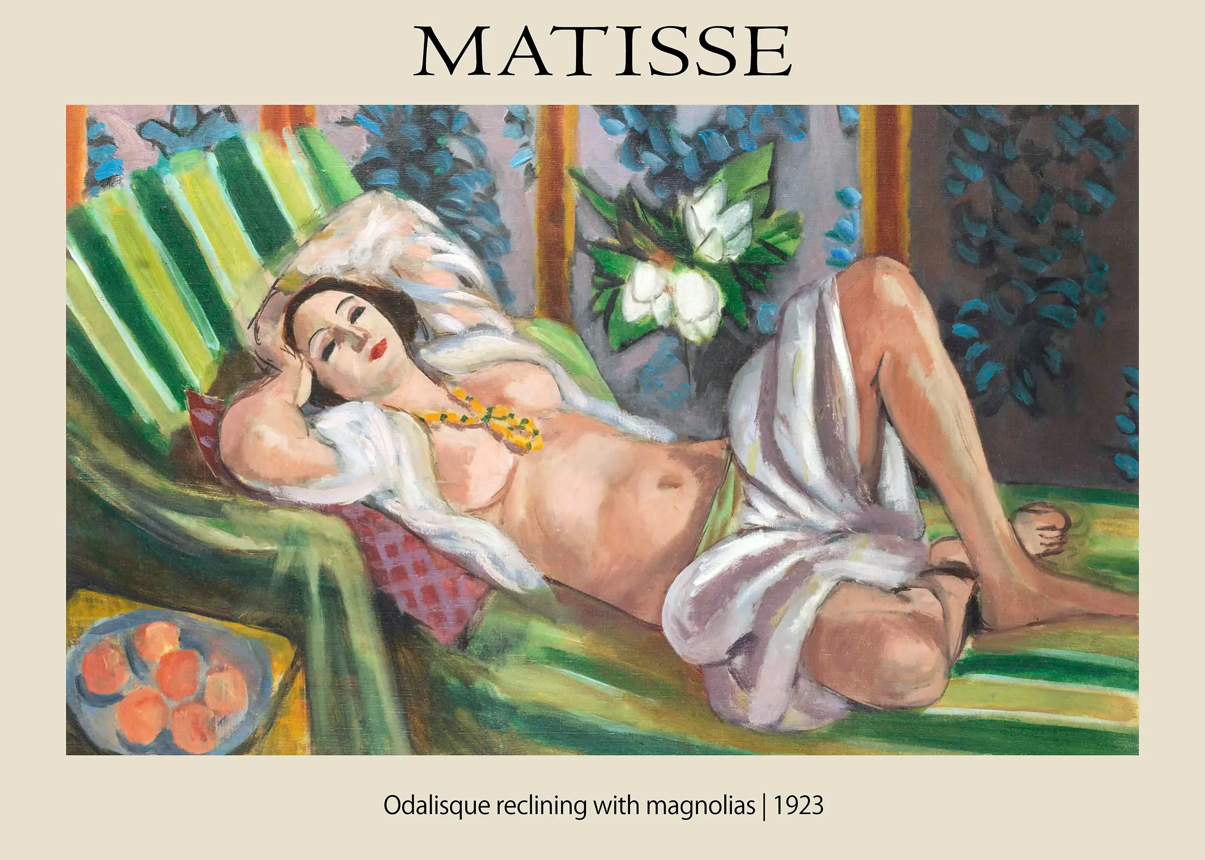 Authentic Henri Matisse Print: Odalisque Reclining With Magnolias 1923 Henri Matisse Print Of Odalisque Reclining With Magnolias 1923 Featuring A Woman On A Green Striped Divan.