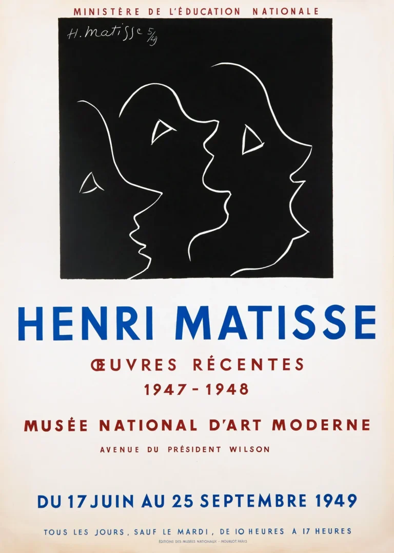 Matisse Musee National Moderne — minimalist Henri Matisse exhibition poster from 1949 featuring white
