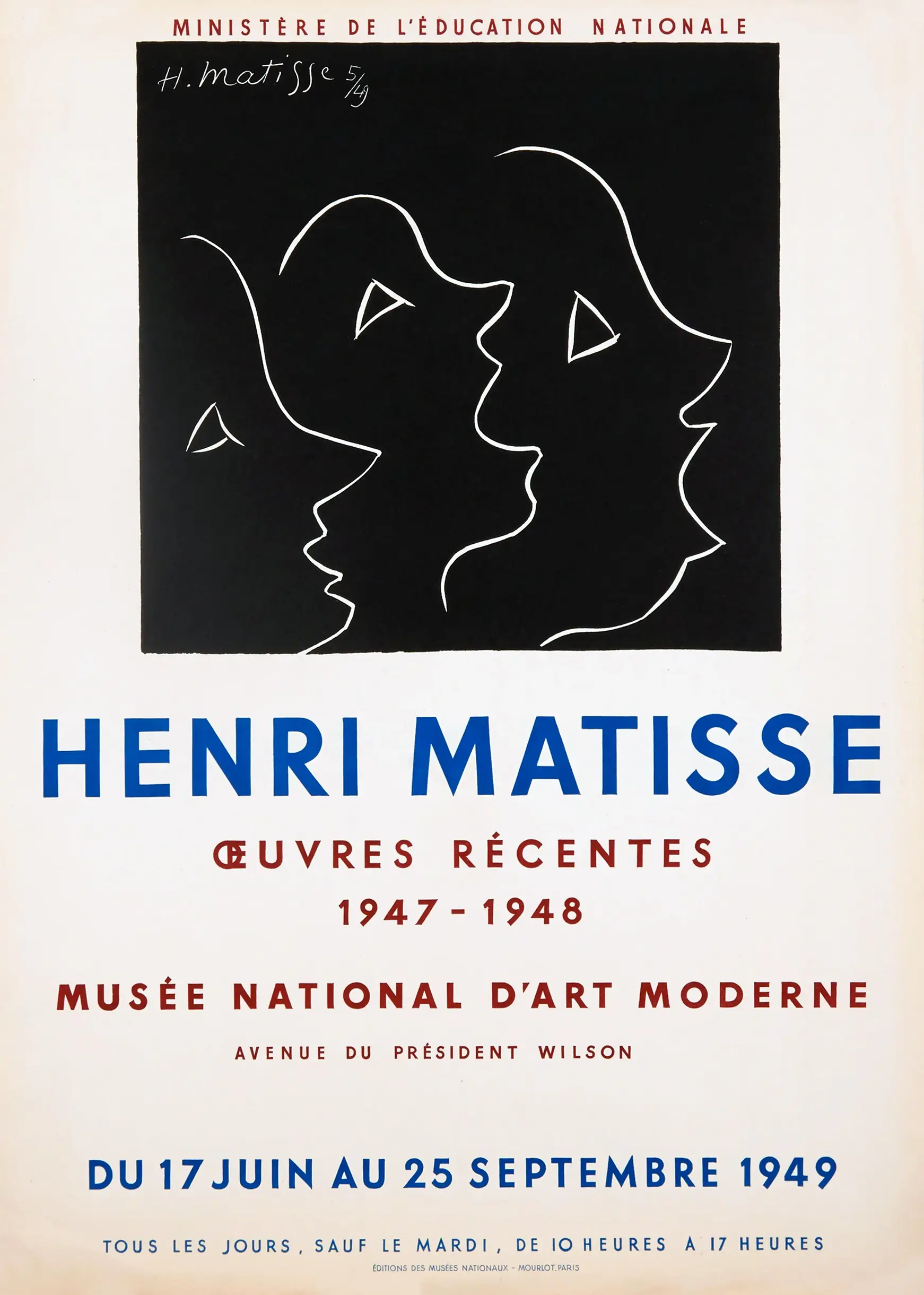 Matisse exhibition poster featuring white line drawings of three faces on a black background with blue and red French text.