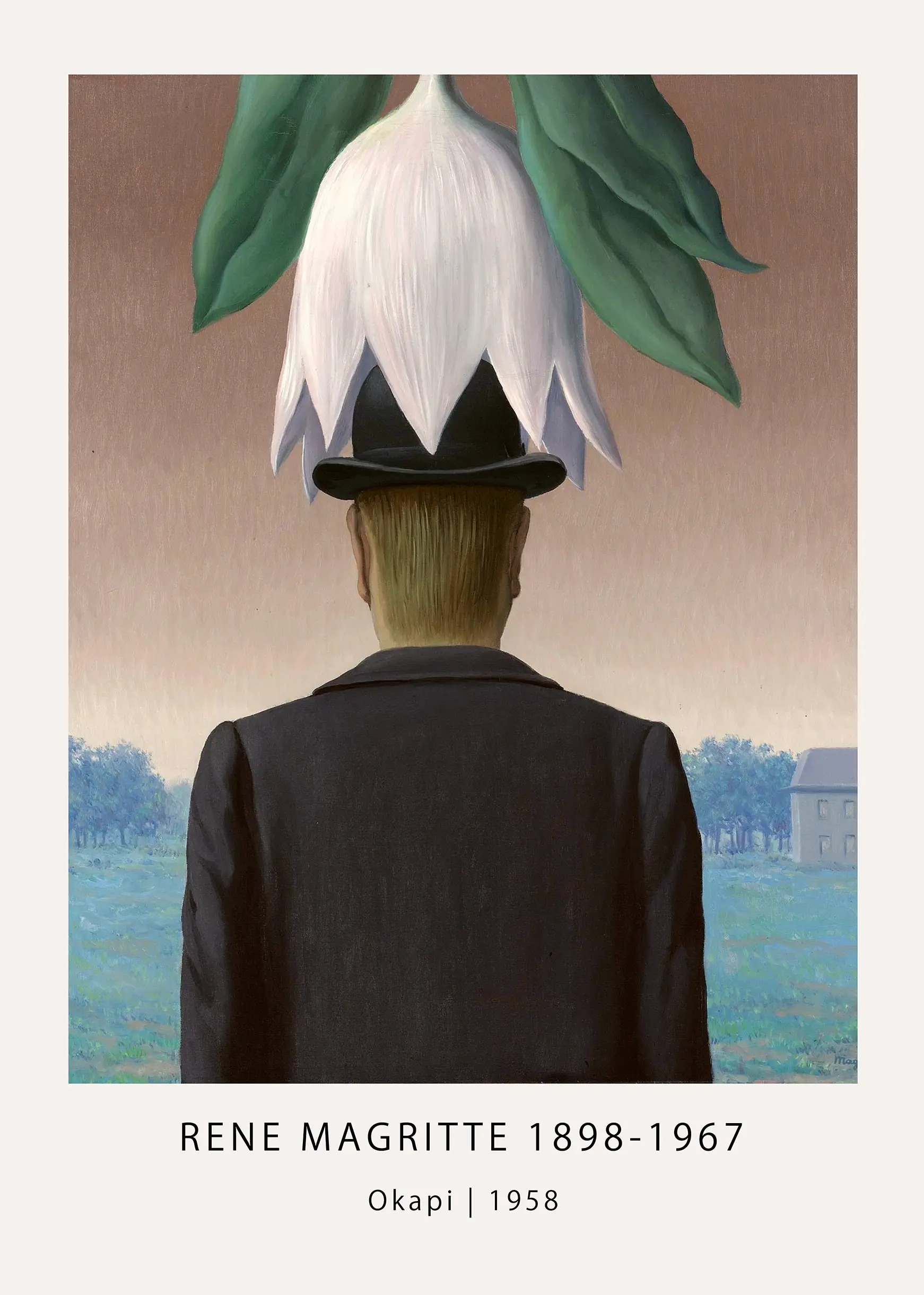 Classic Rene Magritte Okapi - 1958 Surrealist Fine Art Poster Print Rene Magritte Okapi Print Showing The Back Of A Man In A Black Coat And Bowler Hat With A Large White Flower On Top.