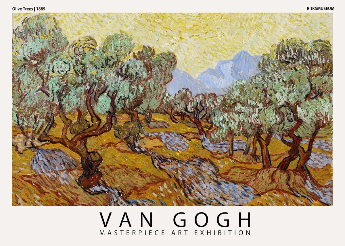 Van Gogh Olive Trees print with heavy impasto brushstrokes, blue mountains, and twisted trees under a pale yellow sky.