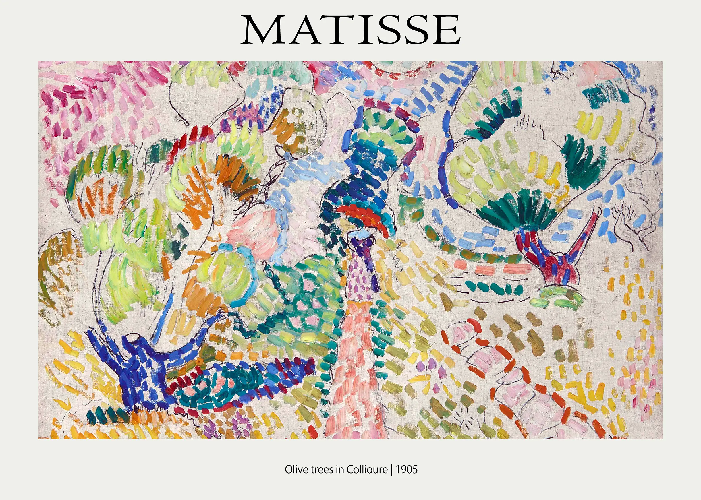 Matisse Exhibition Poster - Olive Trees In Collioure 1905 French Art Matisse Exhibition Poster Showing Olive Trees In Collioure With Bright Green, Blue, And Orange Brushstrokes.