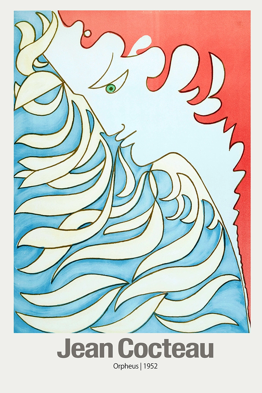 Classic Jean Cocteau Orpheus Print - 1952 Surrealist French Wall Art Jean Cocteau Orpheus Print Showing A Minimalist 1952 Profile With Turquoise Hair And A Red Background.