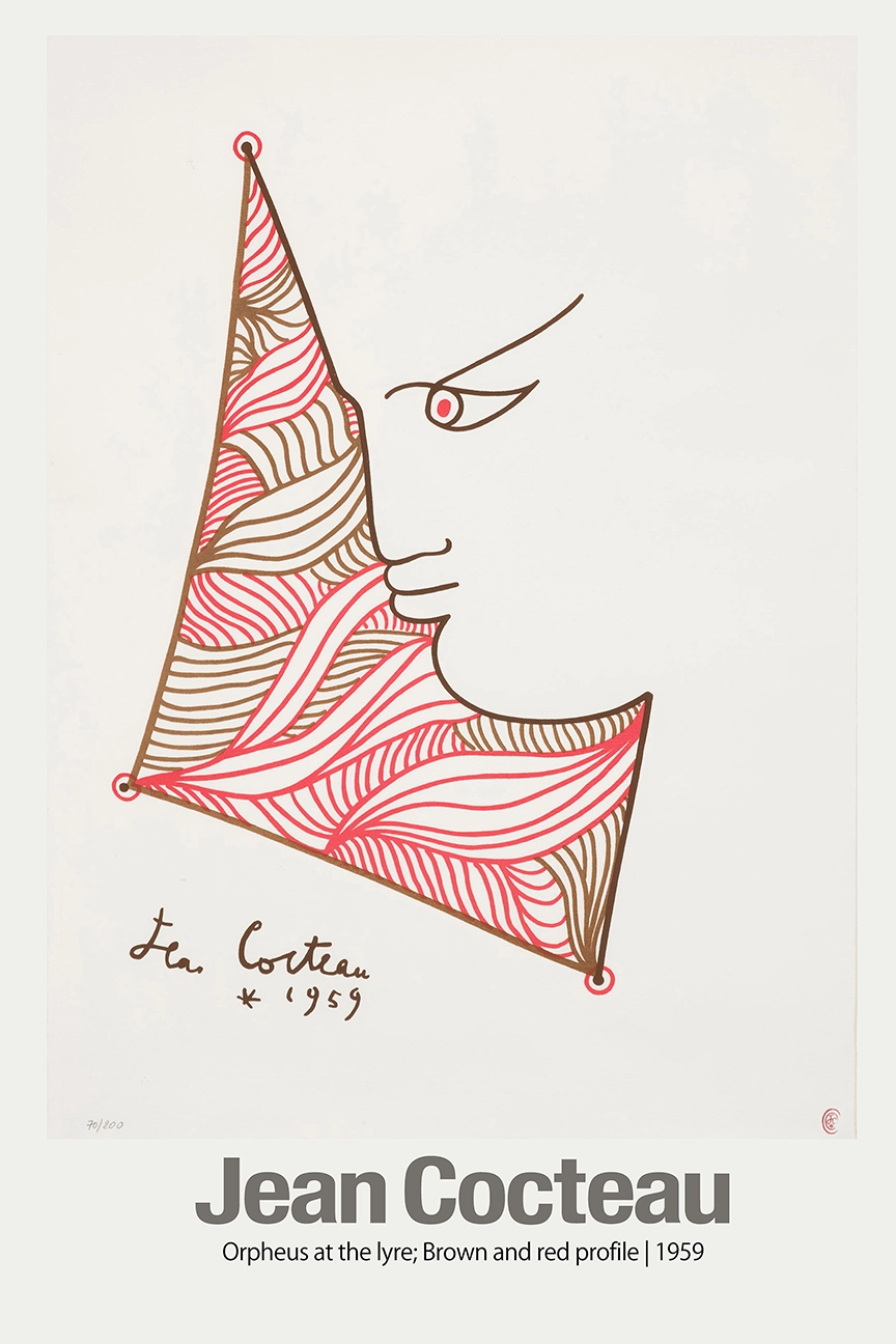 Authentic Jean Cocteau Poster - Orpheus At The Lyre 1959 Print Jean Cocteau Poster Of Orpheus At The Lyre Featuring A Brown And Red Profile With Wavy Patterns On A White Background.