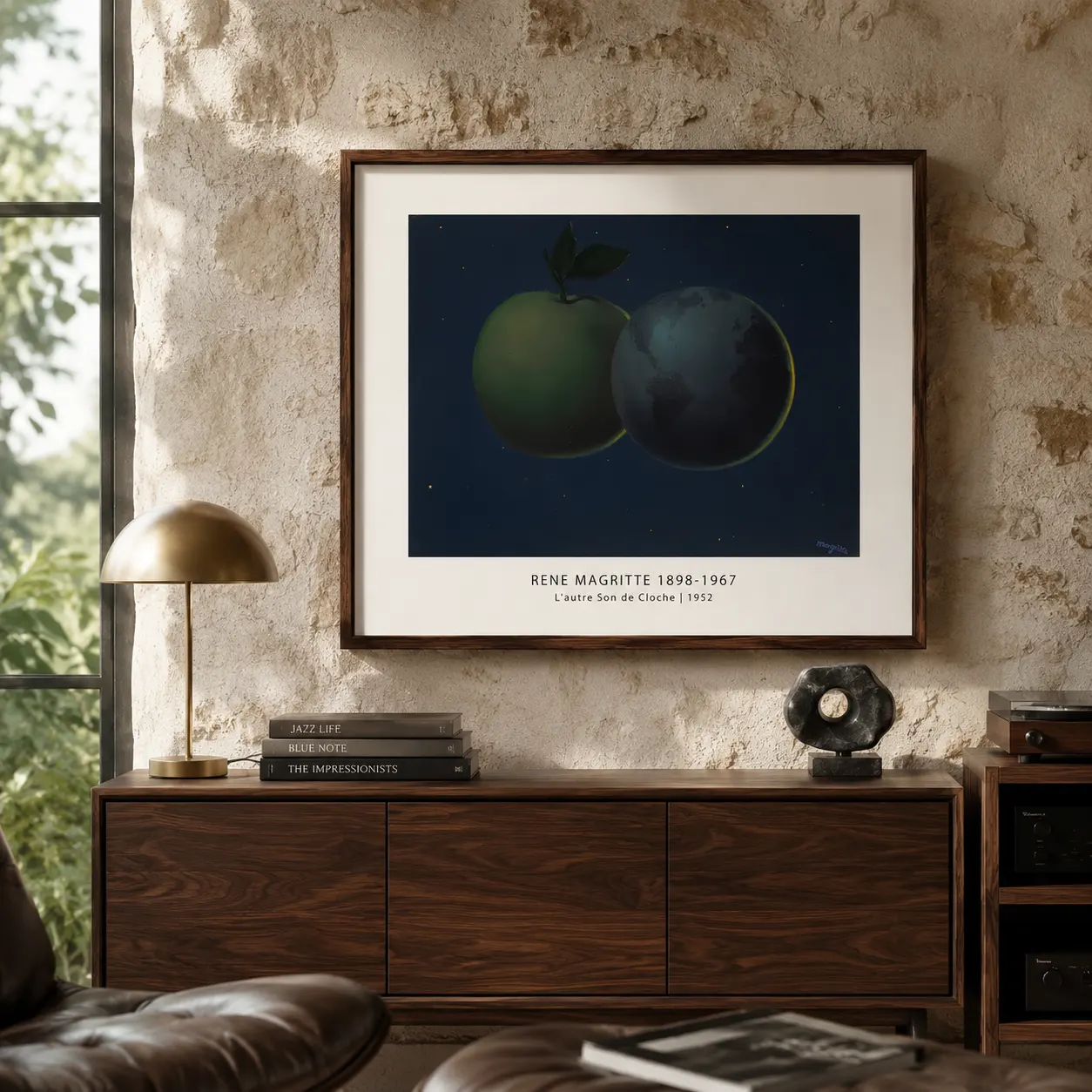 Room mockup of Other Bell Sound Print, Magritte Apple Earth Wall Art Print, displayed as framed wall art in a living room setting as a landscape print with green tones.