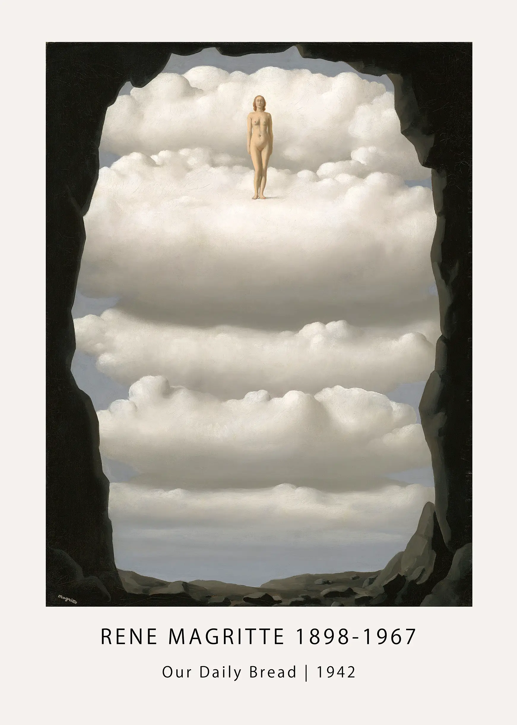 Authentic Rene Magritte Our Daily Bread - 1942 Surrealist Wall Art Print Rene Magritte Our Daily Bread Painting Featuring A Woman Standing On Cloud Loaves Inside A Dark Rocky Cave Silhouette.