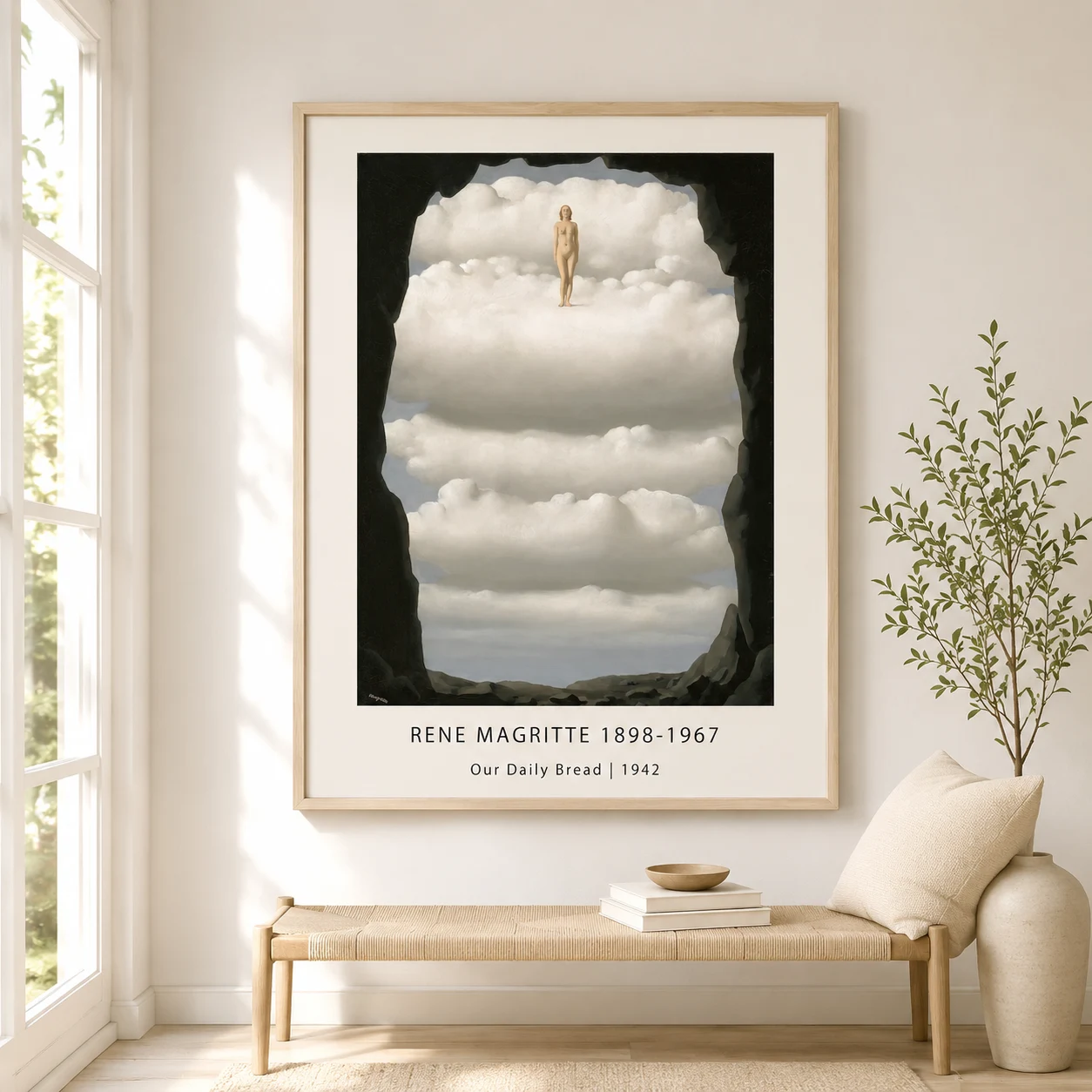 Room mockup of Our Daily Bread Print, Cave Cloud Surrealist Wall Art Print, displayed as framed wall art in a living room setting as a portrait print.
