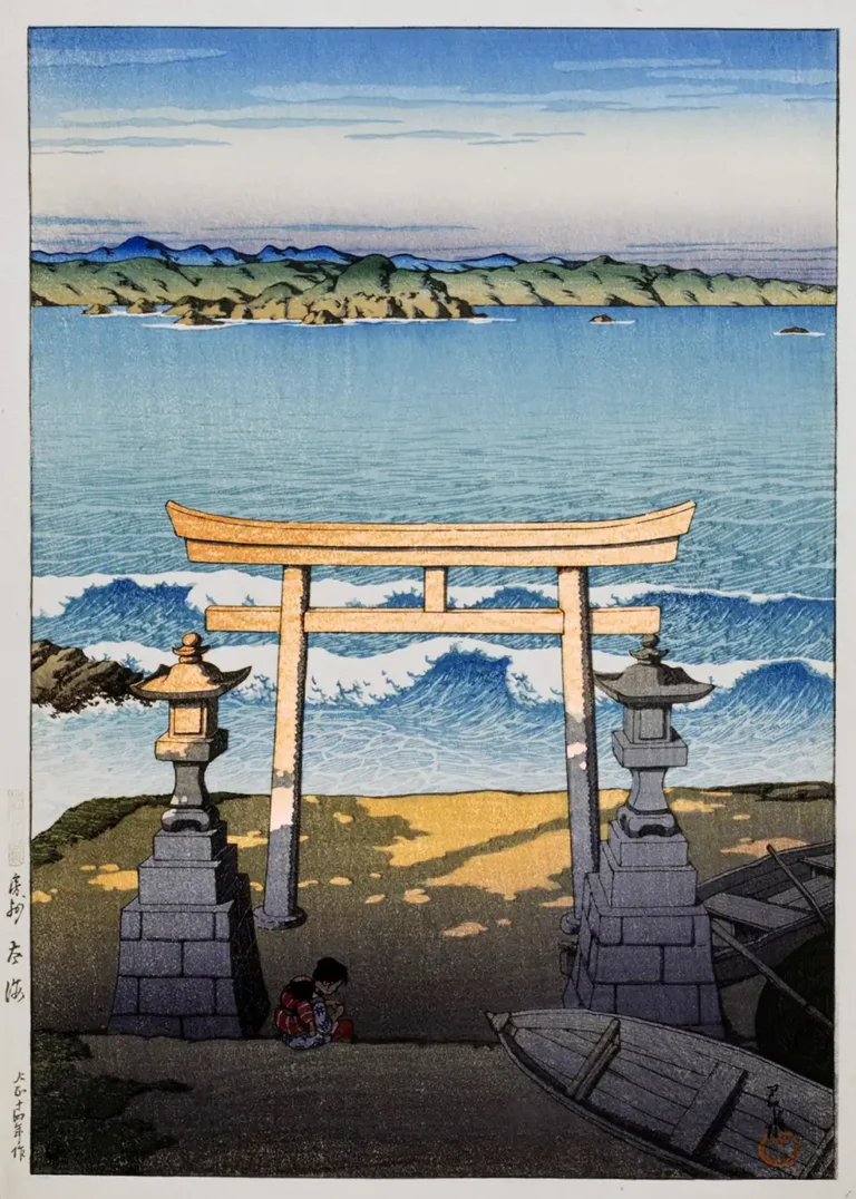 Pacific Ocean Hiroshi Yoshida — traditional woodblock scene of a golden torii gate overlooking the