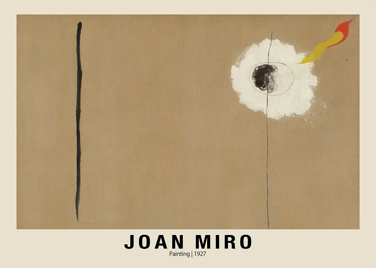 Exclusive Joan Miro 1927 Print - Minimalist Surrealist Abstract Art Poster Joan Miro 1927 Print Showing A Vertical Black Line And A White Cloud Form On A Textured Ochre Background.