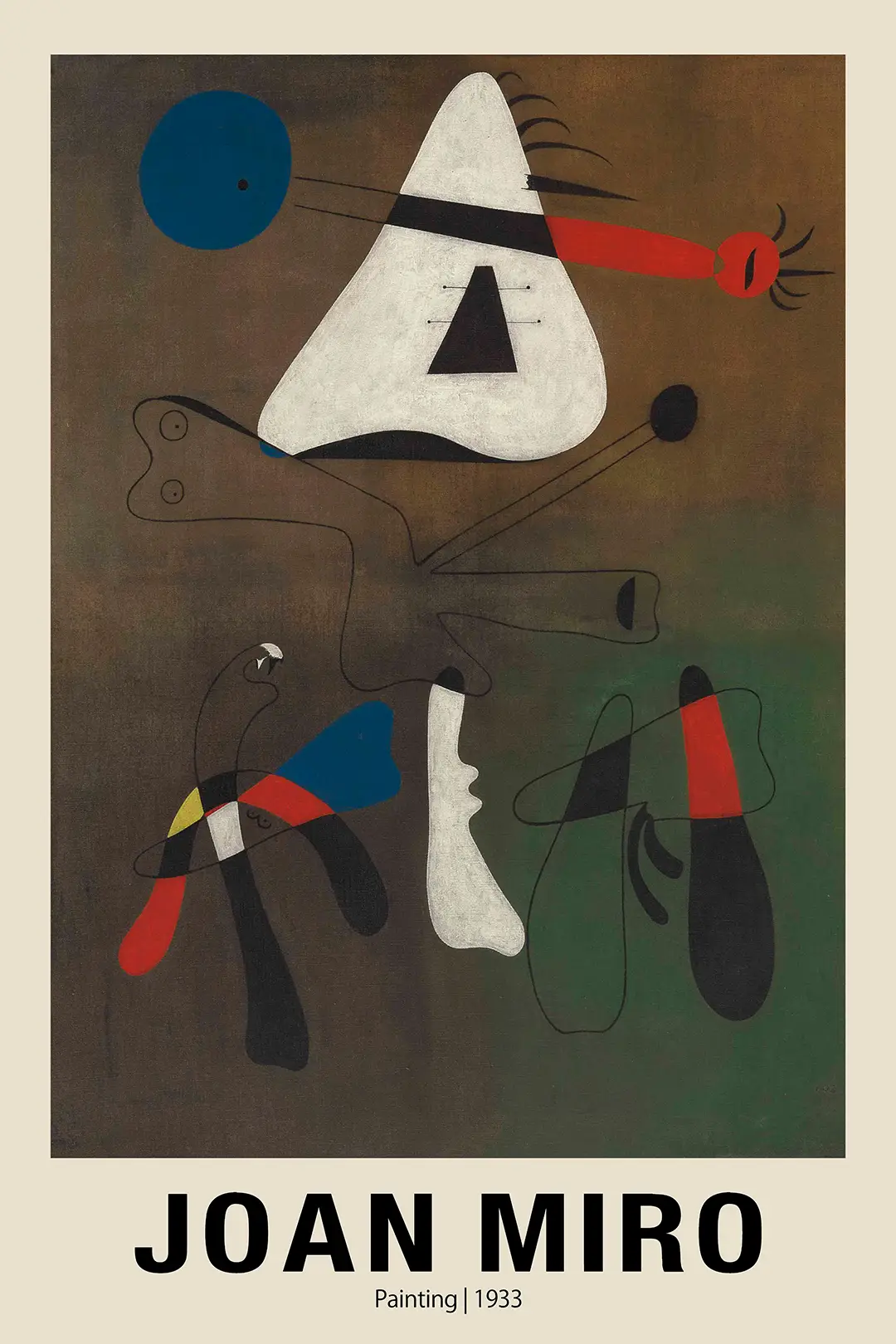 Authentic Joan Miro Painting 1933 - Surrealist Spanish Abstract Poster Joan Miro Painting 1933 Surrealist Abstract Print With Biomorphic Shapes And Primary Colors On A Dark Brown Background.