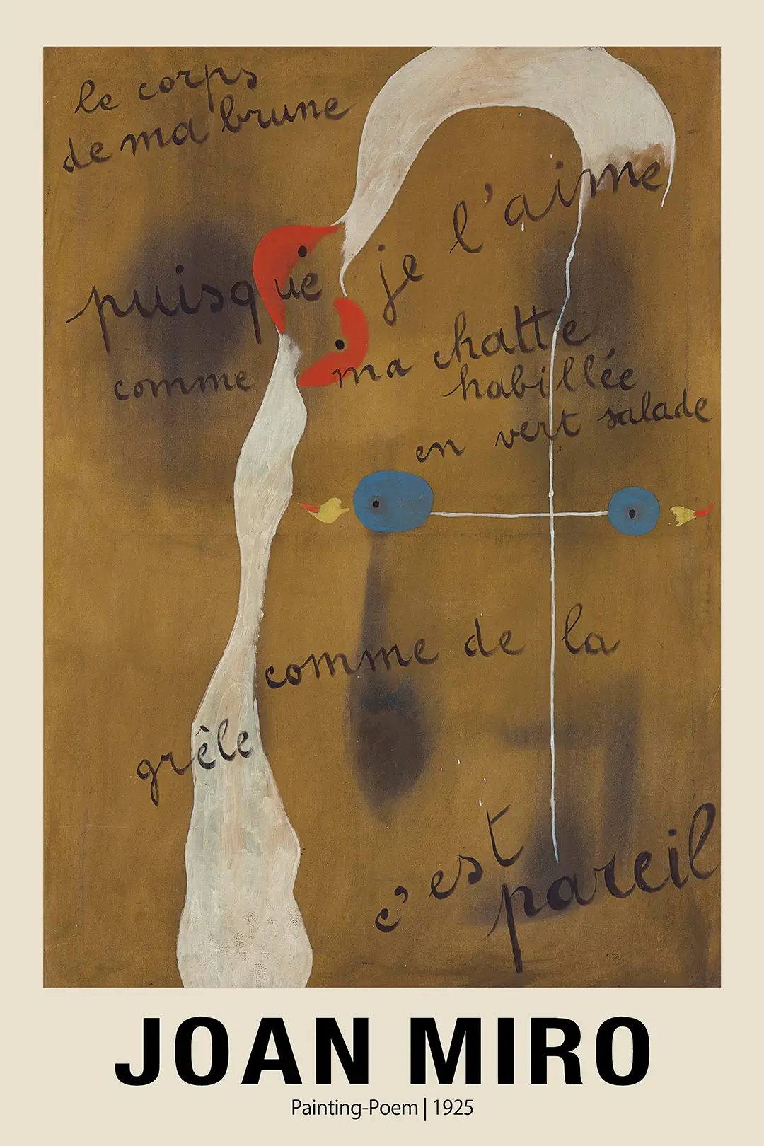 Joan Miro Painting-Poem - 1925 Surrealist French Calligraphy Art Print Joan Miro Painting-Poem 1925 Print Featuring French Calligraphy On An Ochre Background With Red And Blue Abstract Shapes.