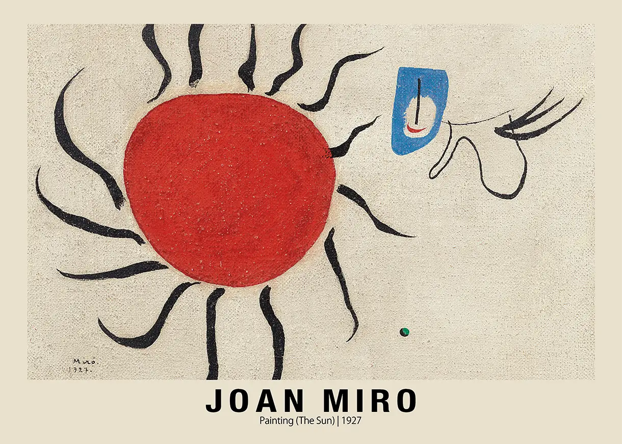 Joan Miro Sun Print - 1927 Abstract Surrealist Gallery Poster Joan Miro Sun Print 1927 Surrealist Painting With Red Sun, Black Rays, Blue Face On Cream Background.