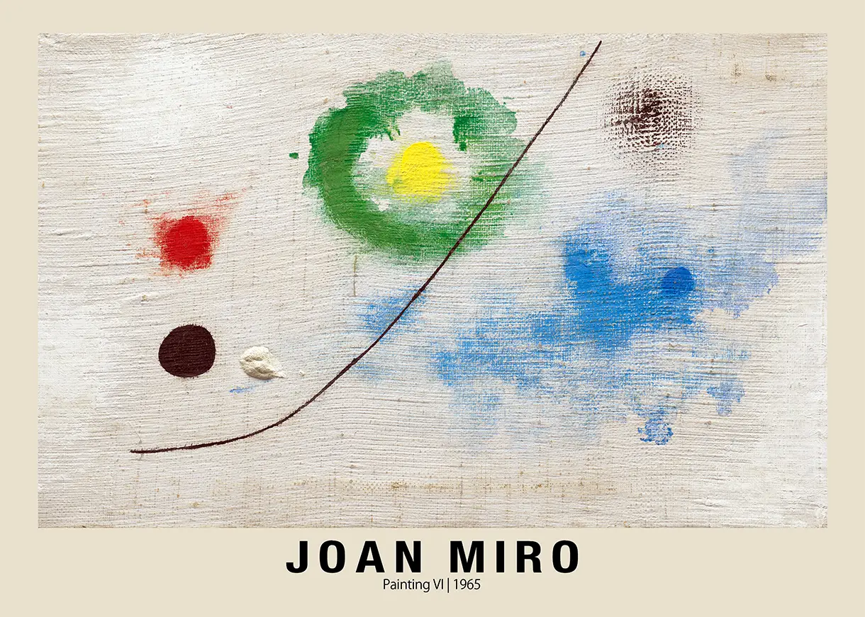 Joan Miro Painting VI 1965 print showing a green sun, blue clouds, and a curved black line on canvas.