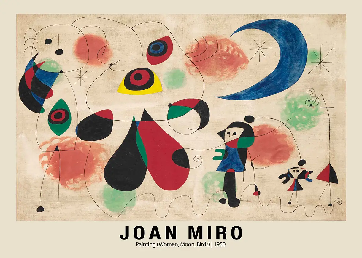 Classic Joan Miro Poster - Women Moon Birds 1950 Abstract Art Print Joan Miro Poster Featuring Painting (Women, Moon, Birds) 1950 With A Blue Crescent Moon And Abstract Biomorphic Shapes.