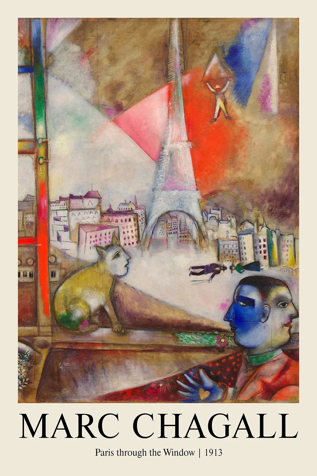 Classic Marc Chagall Paris Window - 1913 Surrealist Fine Art Print Marc Chagall Paris Window Print Showing The Eiffel Tower, A Blue-Faced Man, And A Yellow Cat With A Human Face.