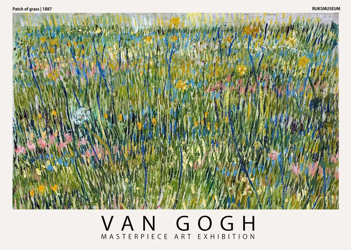 Van Gogh grass print featuring an 1887 oil painting of a green meadow with yellow dandelions in an exhibition poster style.
