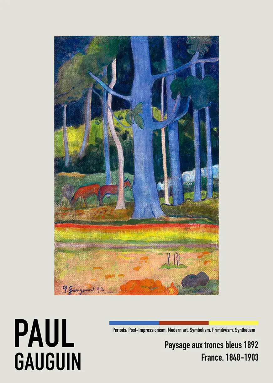 Authentic Paul Gauguin Print - Paysage Aux Troncs Bleus 1892 Fine Art Paul Gauguin Print Titled Paysage Aux Troncs Bleus Showing Thick Blue Trees And Grazing Horses In A 1892 Landscape.