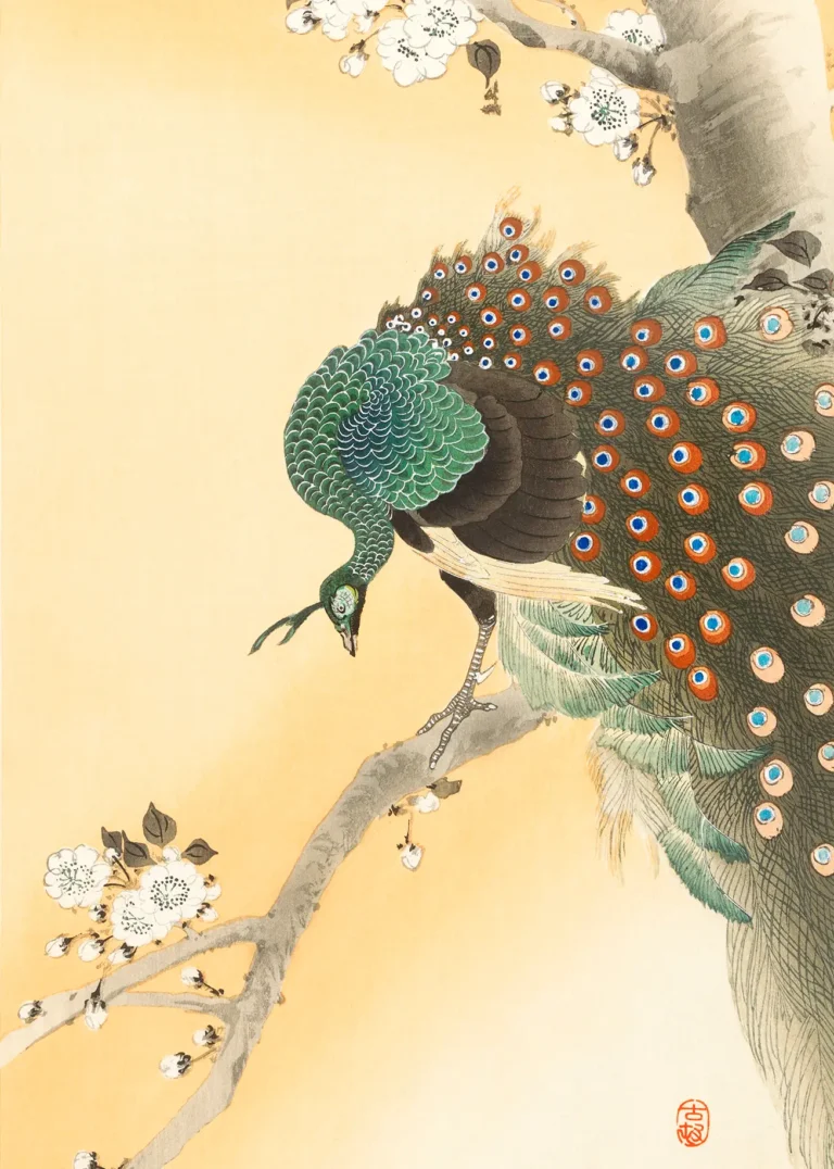 Peacock Cherry Blossom Tree — vintage Japanese woodblock print featuring a vibrant green and blue