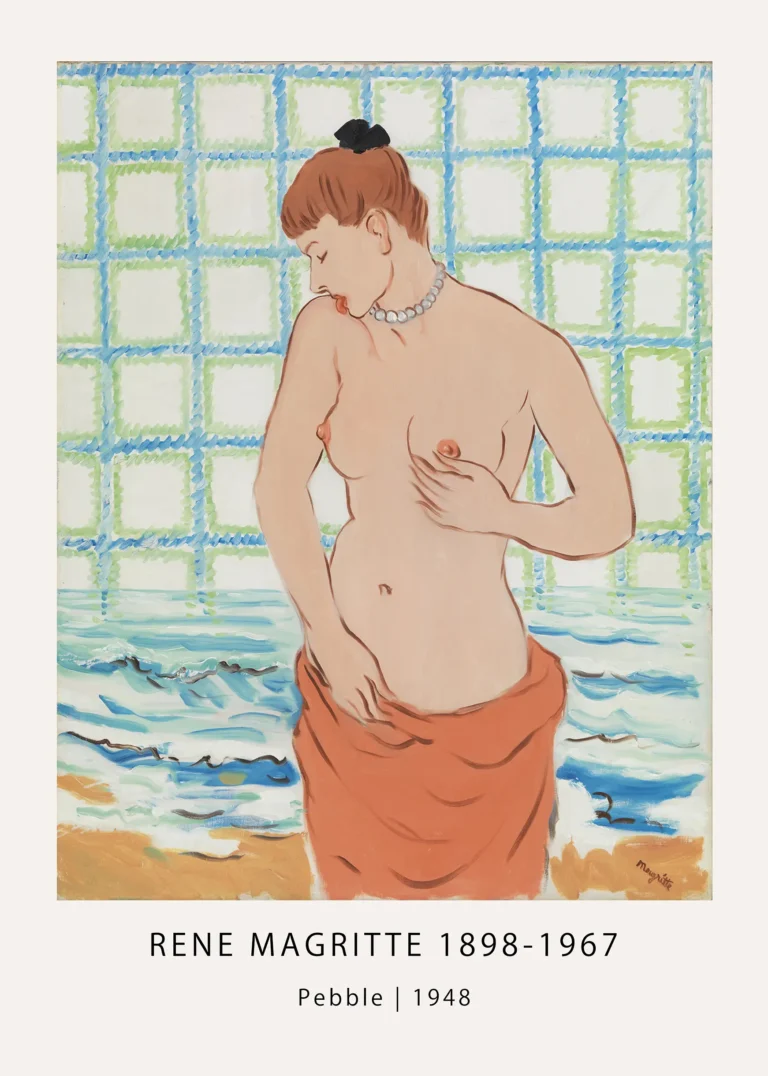 Magritte Pebble Print Nude — magritte Pebble print with a nude figure, ocean waves, and blue-green