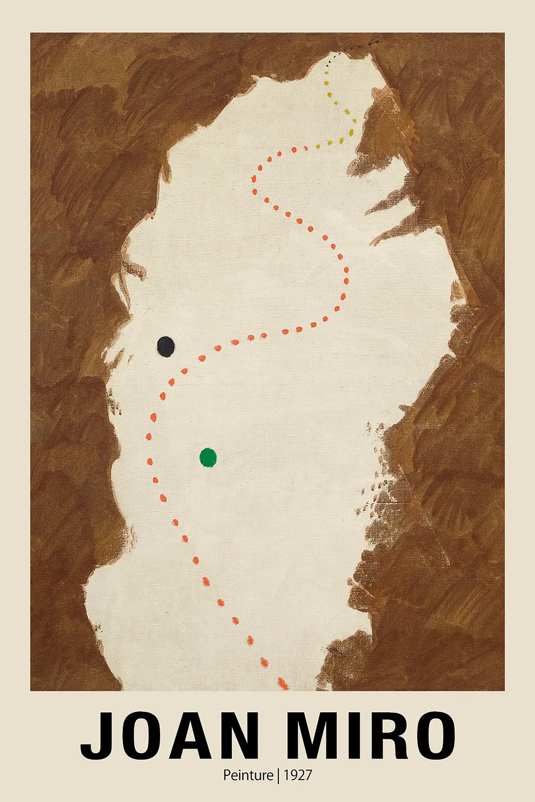 Joan Miro Peinture 1927 - Surrealist Abstract Art Exhibition Print Joan Miro Peinture 1927 Art Print Featuring A Central White Shape, Brown Background, And A Trail Of Orange And Green Dots.